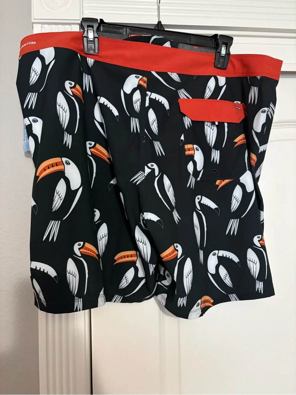 Hurley Men’s Black Toucan Board Shorts with Red Waistband and Orange Beaks